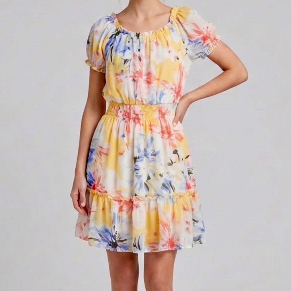 Kate and Lily Girls Yellow Floral Smocked Waist Ruffle Chiffon Dress Size 4